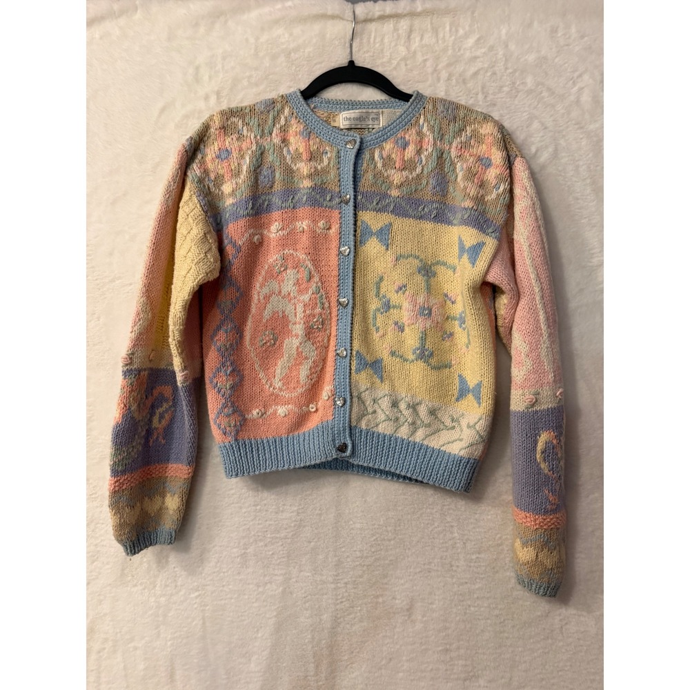 The Eagle's Eye Vintage Pastel Patchwork Cardigan Sweater Small Heart Buttons S